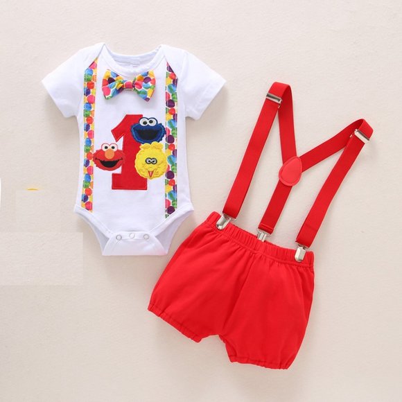 Elmo Outfit Cookie Monster Clothes Boy Suspenders First Birthday Sesame Street - Picture 1 of 2